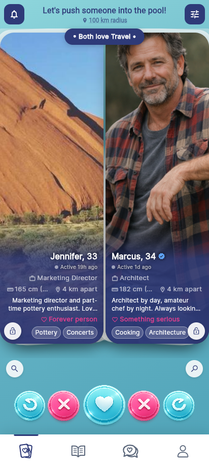 DIP Discover screen showing locked profiles waiting for Matchers to pair them