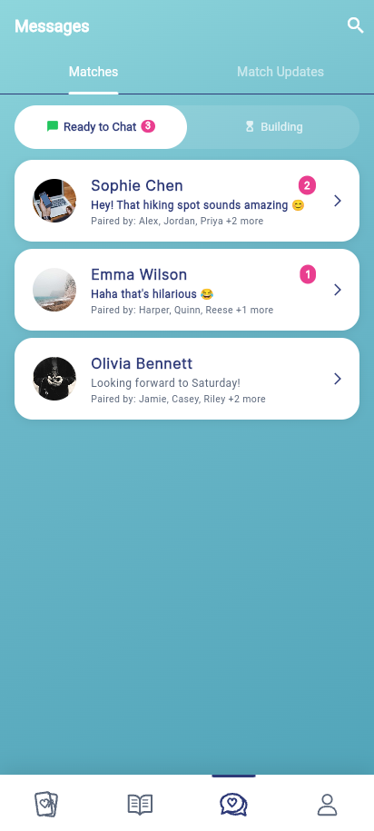 DIP Messages screen showing conversations unlocked after a match reveal